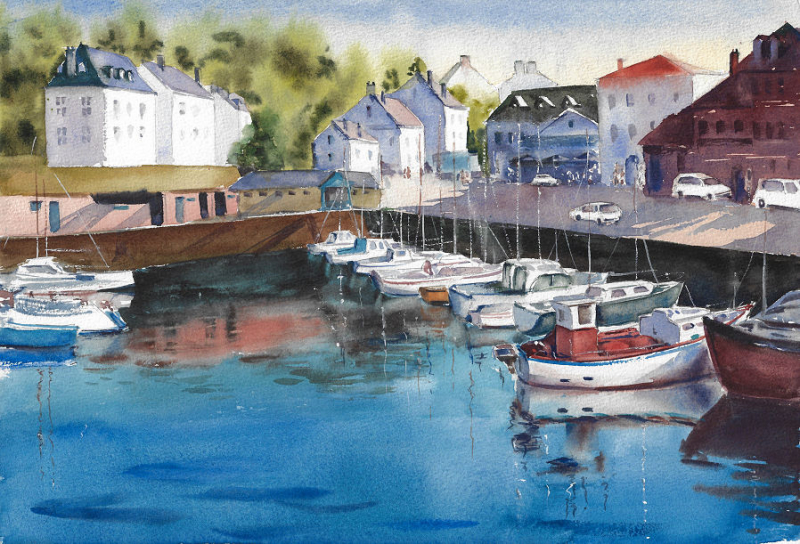 In a quiet port. Author's aquarelle print